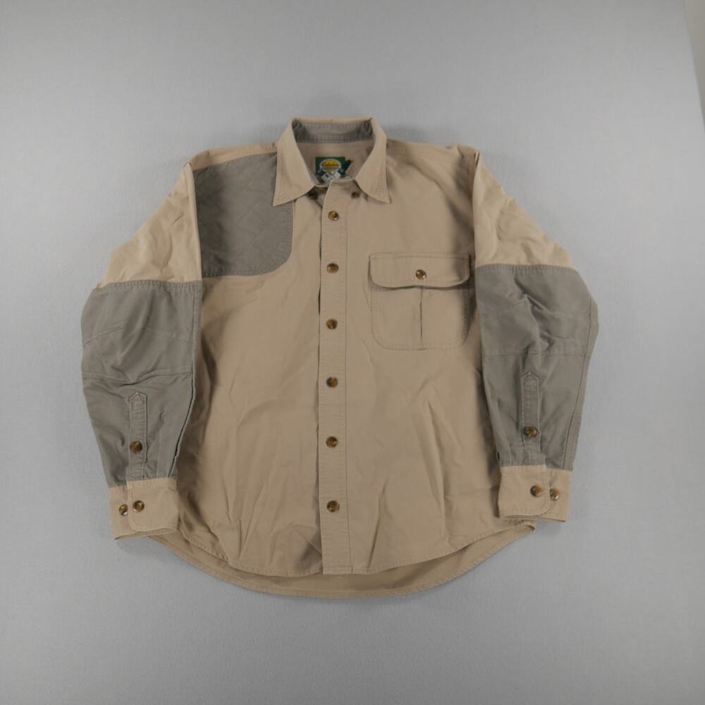 Cabela's Shooter Shirt Men's M Long Sleeve Quilted Padded Right Shoulder Tan